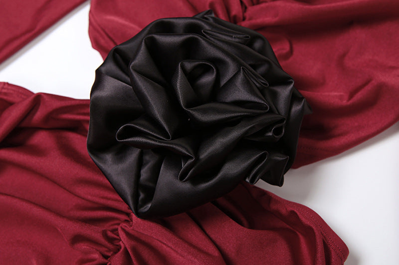 Mock Neck Long Sleeve Rosette Cutout Ruched Maxi Dress 12