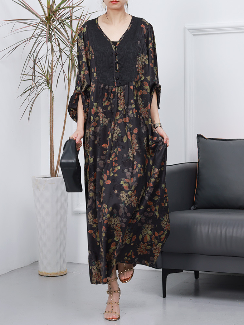 Women Retro Style Loose Printed Long Sleeves A-Line Dress - Fashionpara