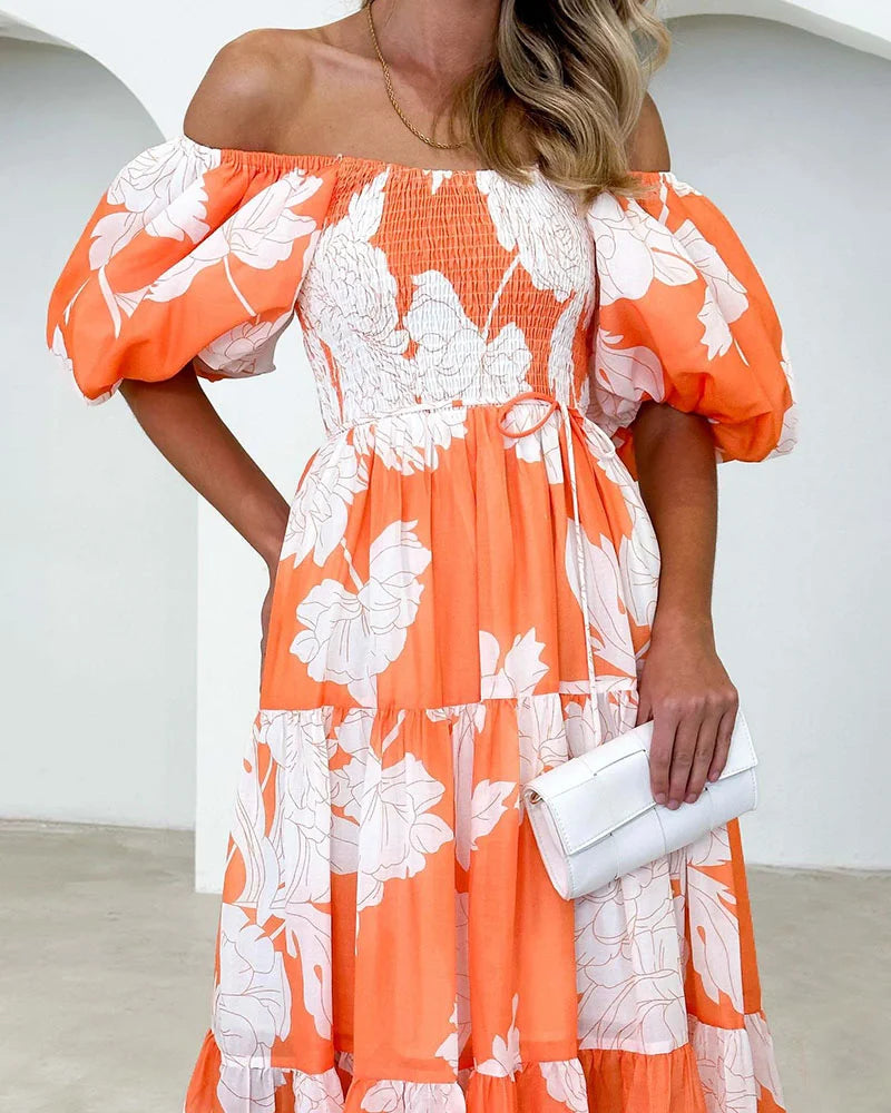 Elegant printed one-shoulder puff-sleeve dress - Fashionpara