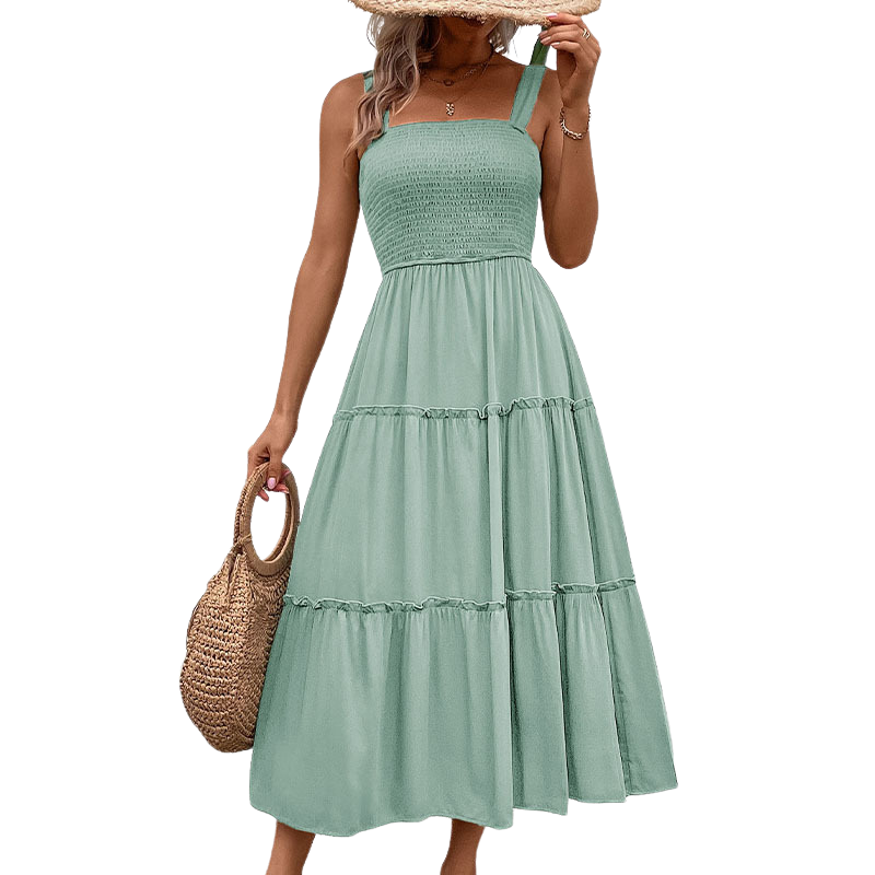Square Neck Smocked Sleeveless Tiered Midi Dress 12