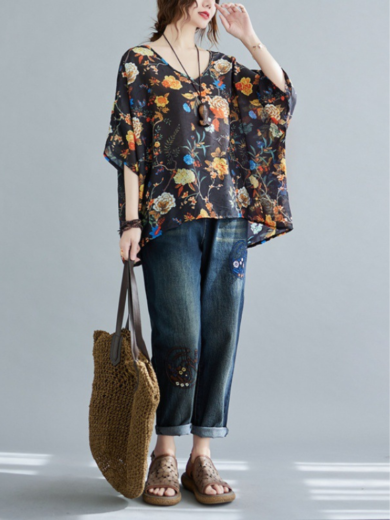 My Heart Big Flower Loose Tops - Fashionpara