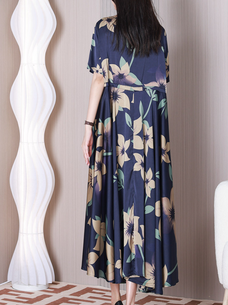Floral Print Round Neck Short Sleeve Pleated Midi Dress 4