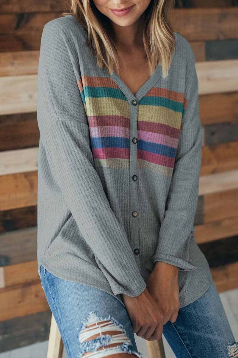 Florcoo Striped Rainbow Casual Button Tops - Fashionpara
