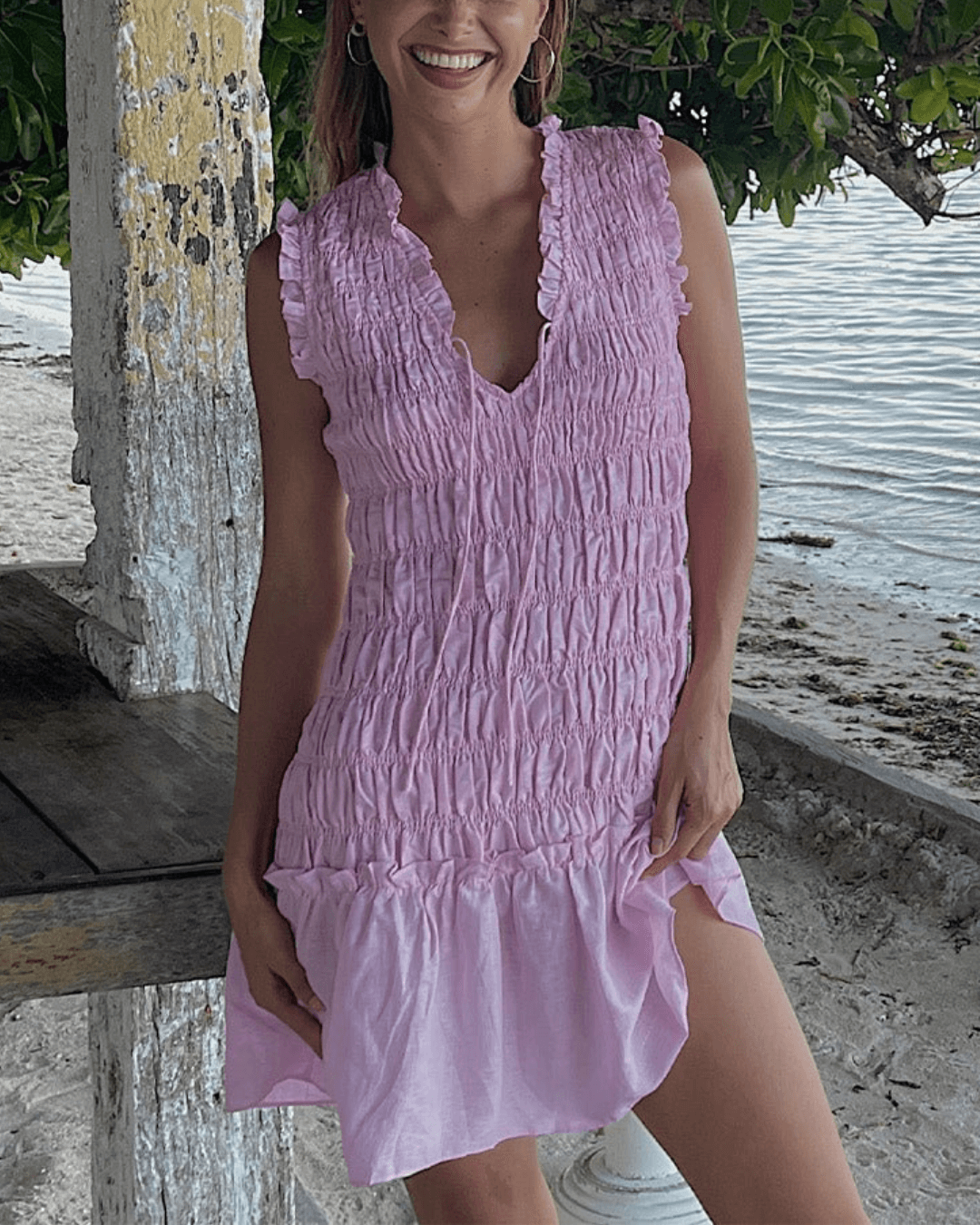 V-neckline Smocked Mini Dress - Fashionpara