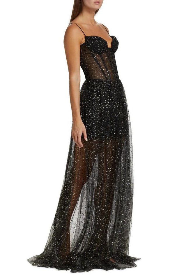 Glitter Tulle Sweetheart Corset Sheer Maxi Gown