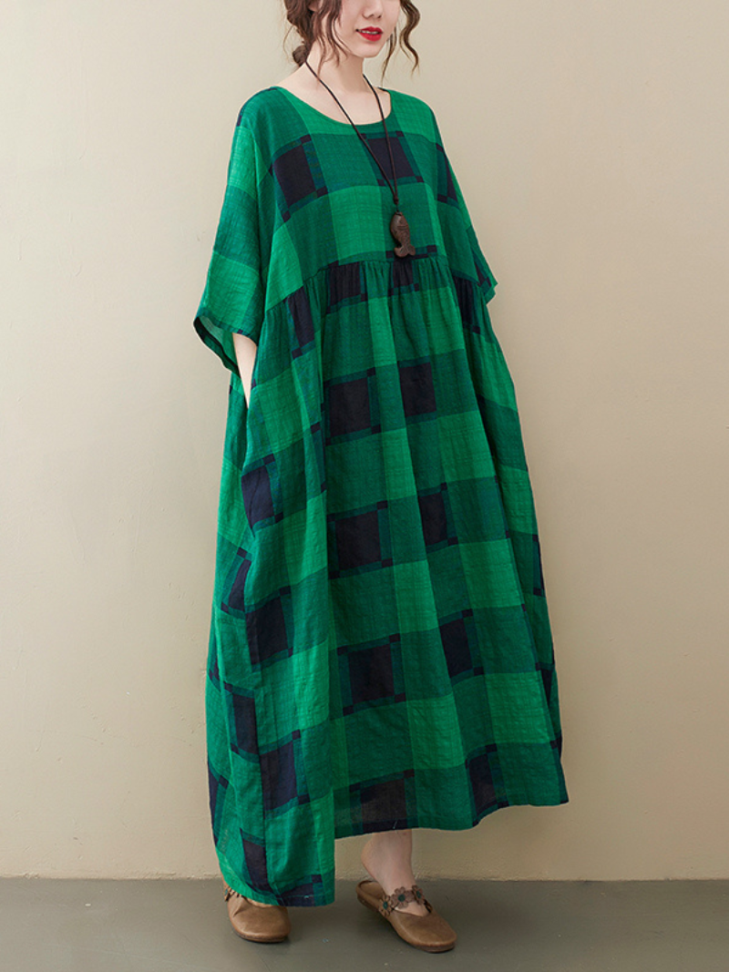 Plaid Round Neck Short Sleeve Oversized Smock Maxi Dress - View 2