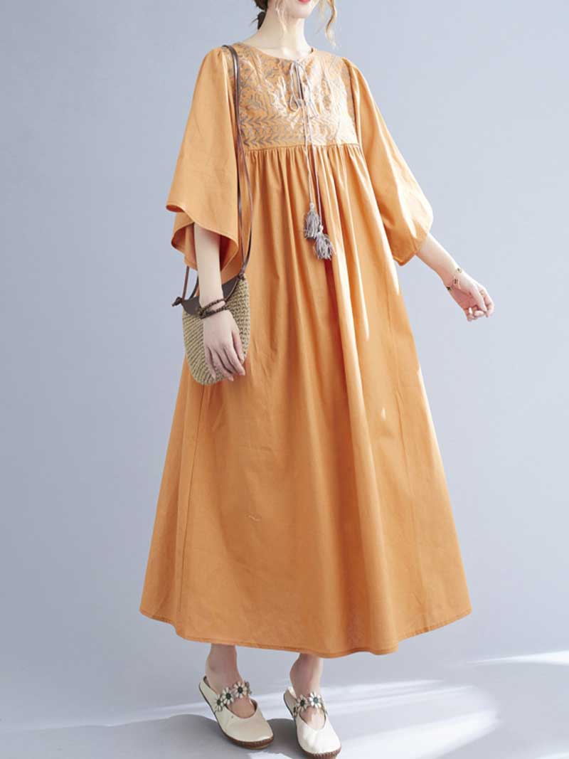 Embroidered Yoke Round Neck Tassel-Tie Batwing Midi Dress 13