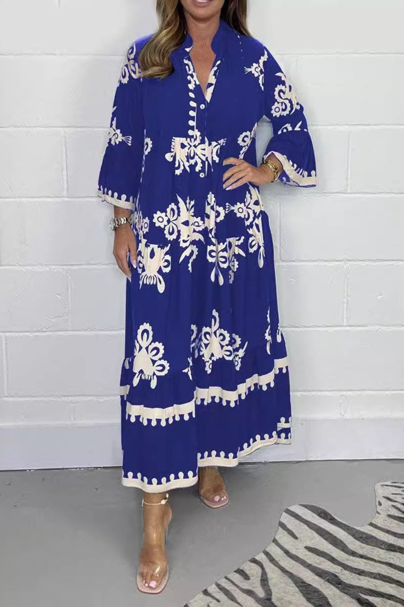 Floral Print Band Collar Puff Sleeve Tiered Maxi Dress