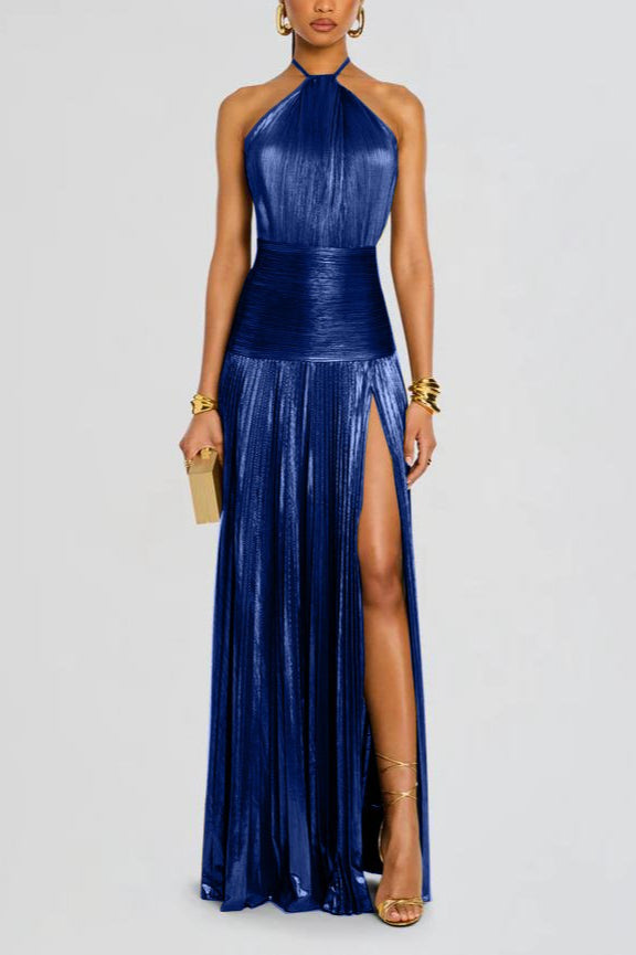 Metallic Halter Neck Pleated High Split Maxi Dress - View 7