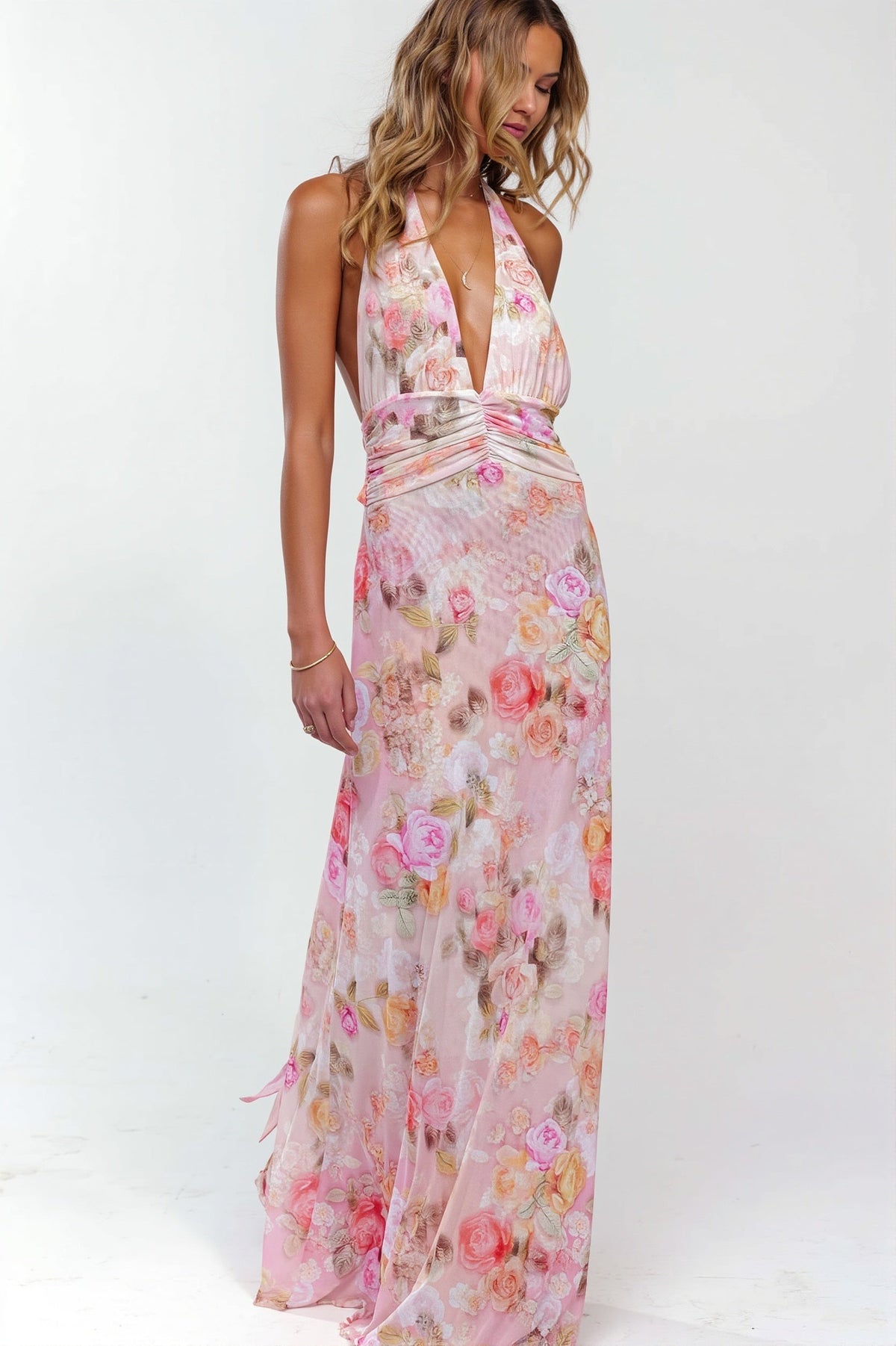Floral Halter Deep V Backless Maxi Gown
