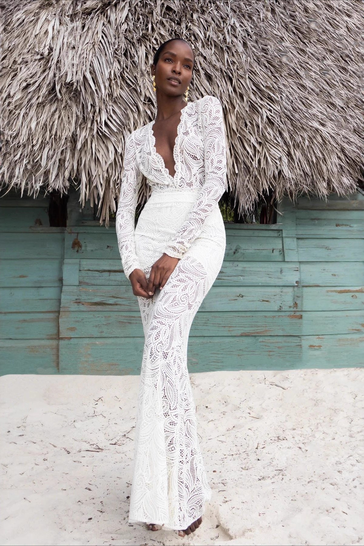 Lace V-Neck Long Sleeve Mermaid Gown 2