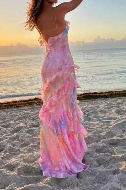 V Neck Ruffled Floral Print Vacation Dress