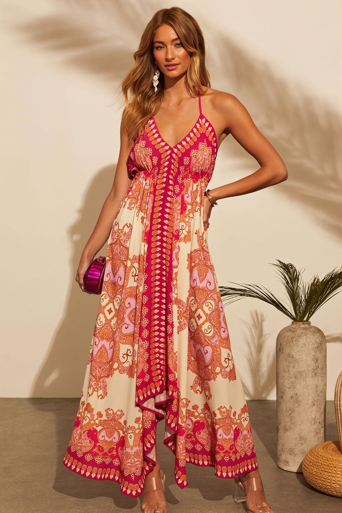 Paisley Print V-Neck Handkerchief Hem Maxi Dress
