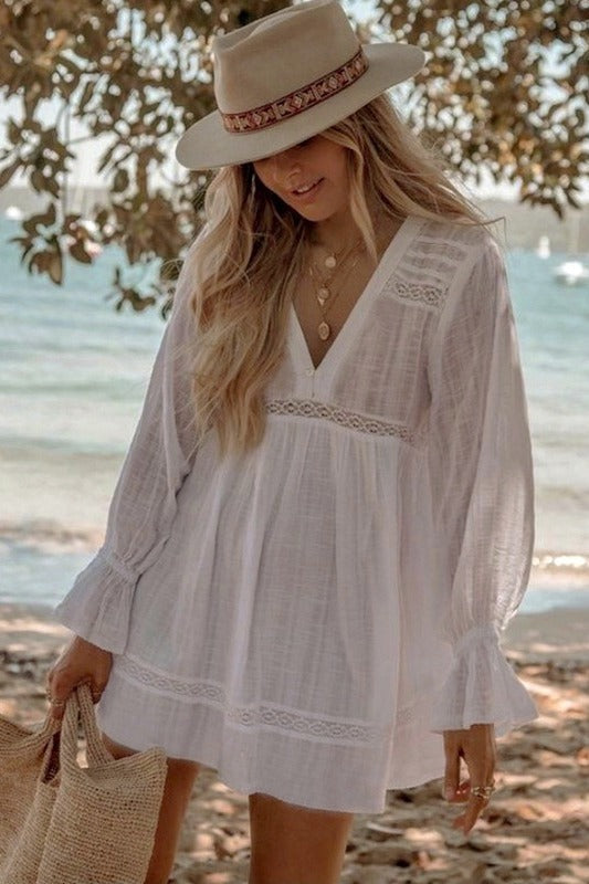 Crochet Trim V-Neck Long Sleeve Beach Mini Dress