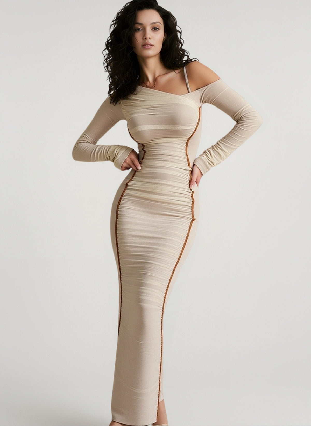 Ruched Asymmetric Neckline Long Sleeve Bodycon Dress 4