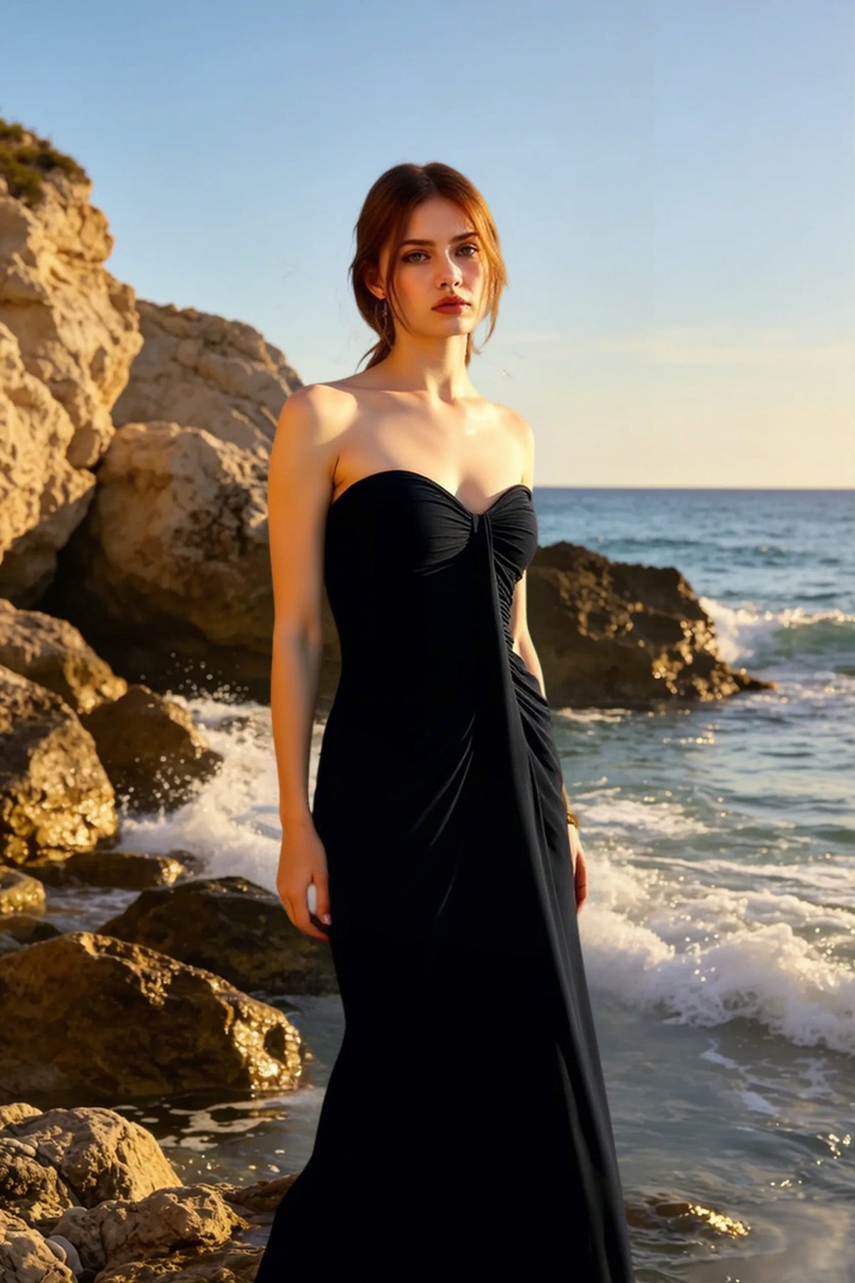 Strapless Sweetheart Twist-Front Ruched Maxi Dress