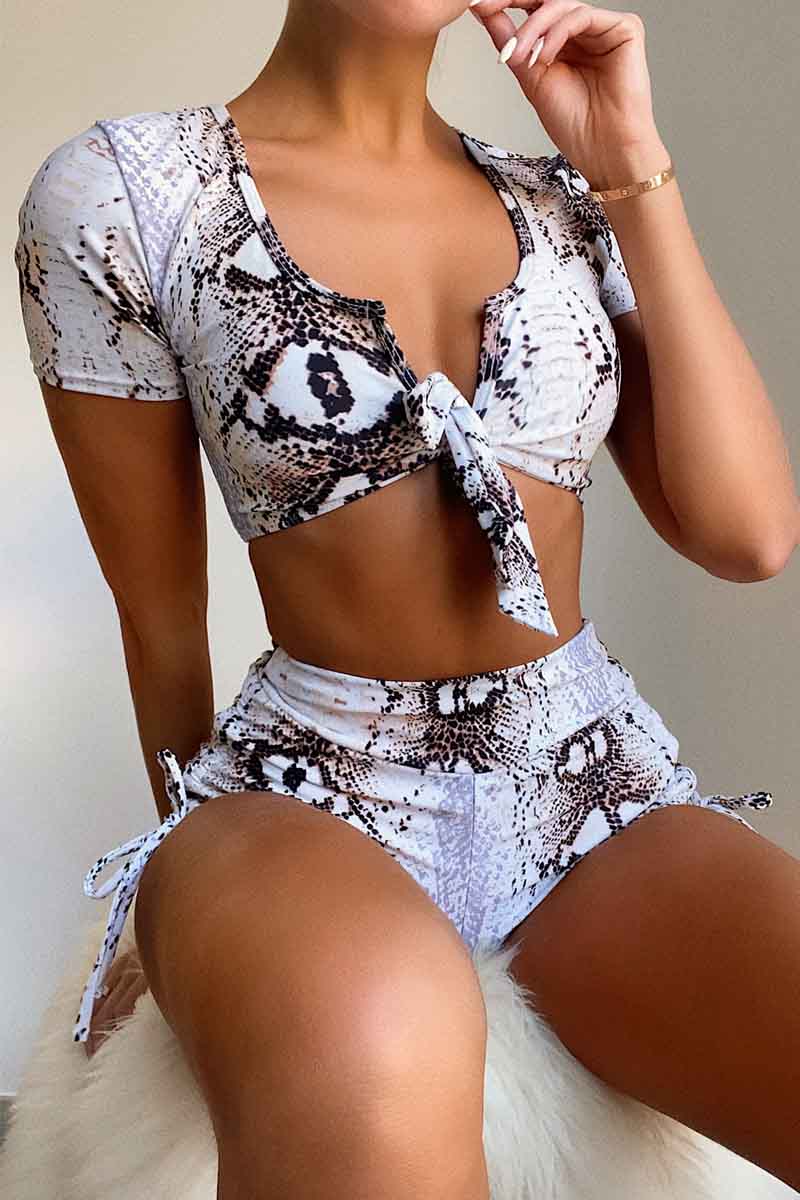 Shirred Basic Shorts Two Piece Swimsuit - Fashionpara