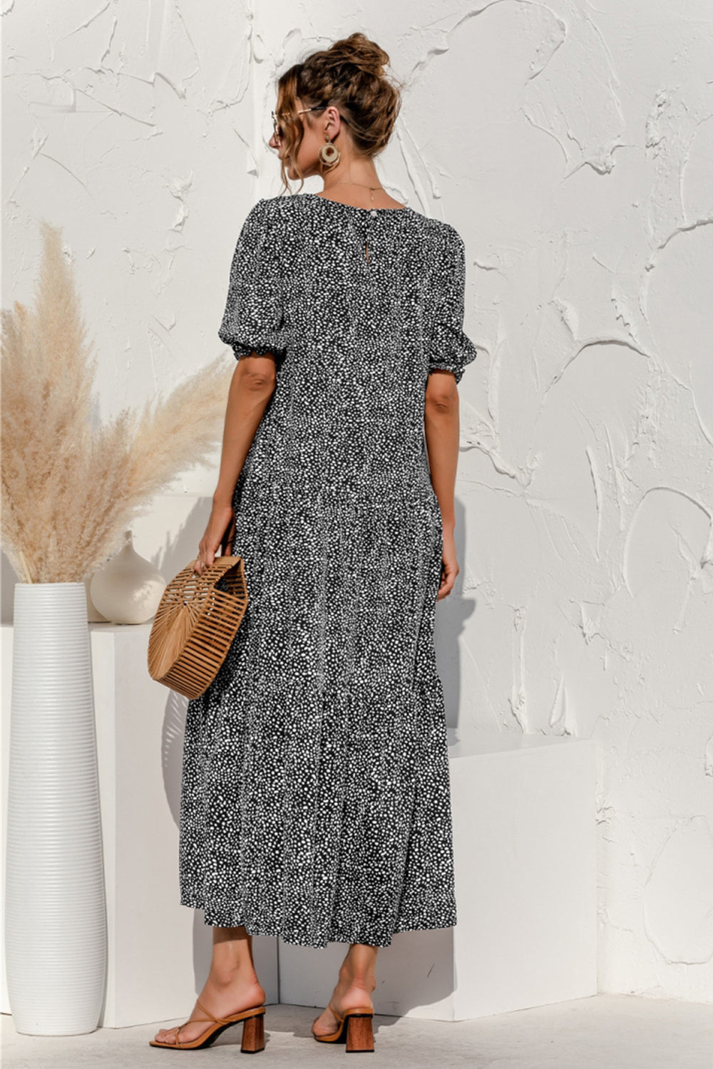 Puff Sleeve Polka Dot Plaid Patchwork Long Dress - Fashionpara