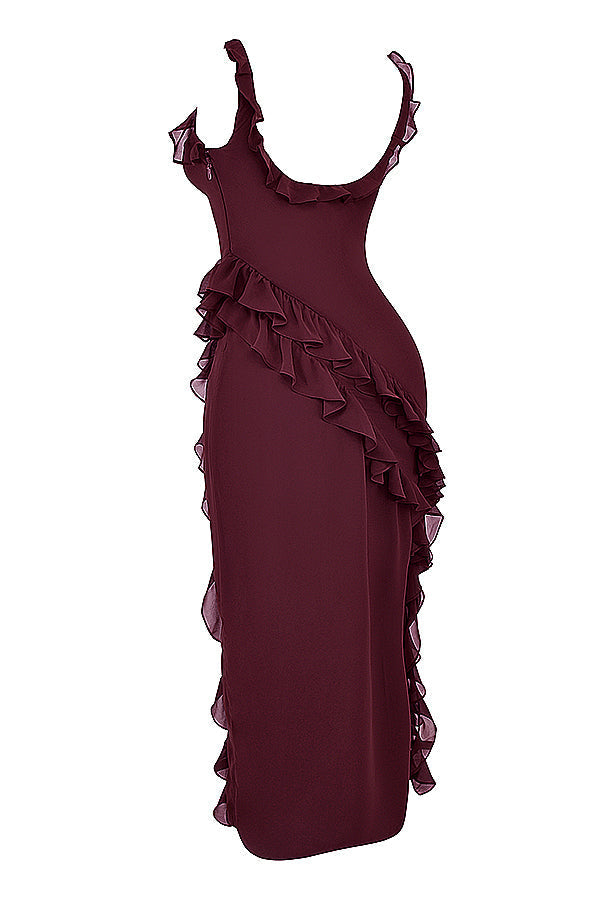 Square Neck Ruffle Strap High Split Asymmetrical Cascade Maxi Dress - View 20