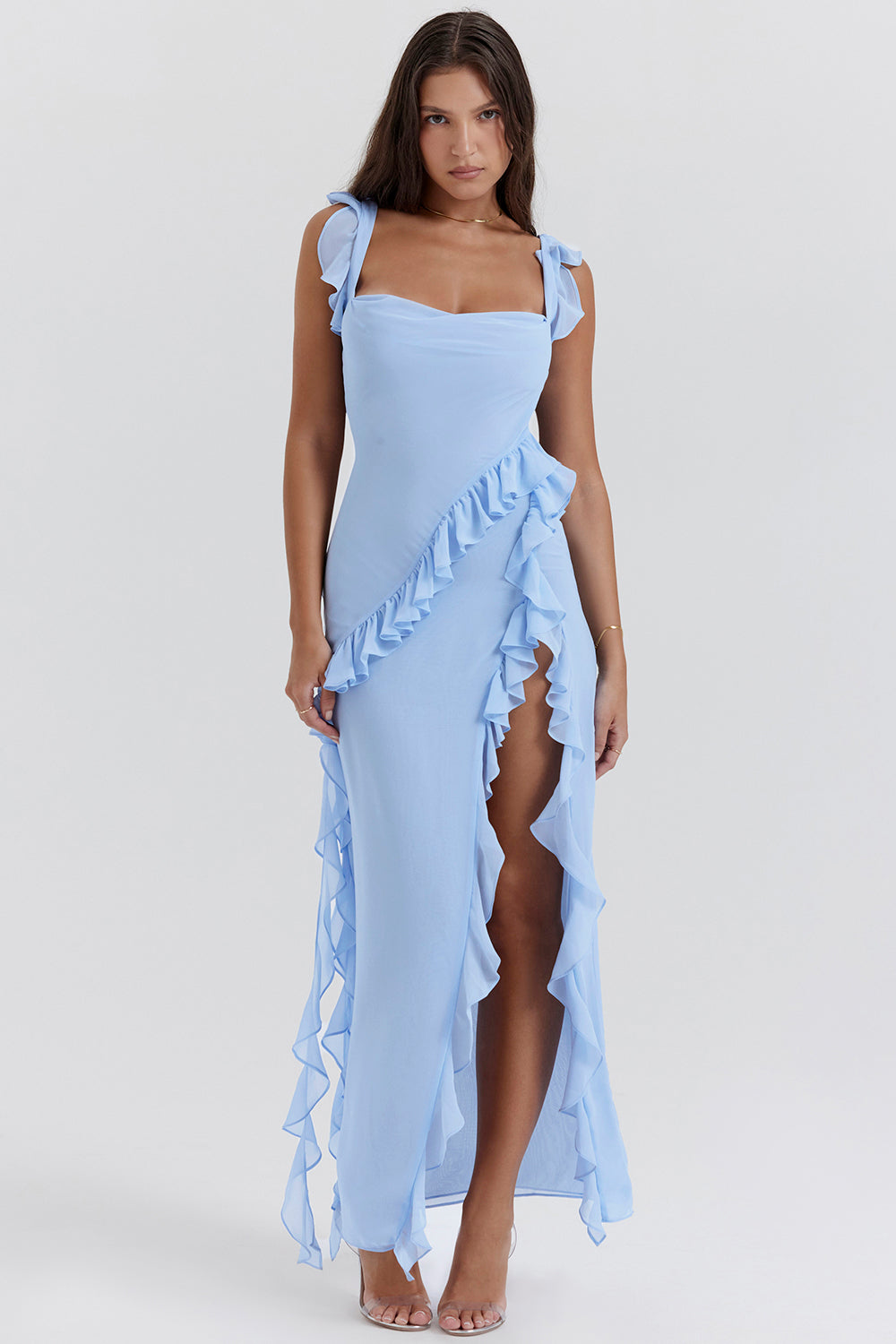 Square Neck Ruffle Strap High Split Asymmetrical Cascade Maxi Dress 52