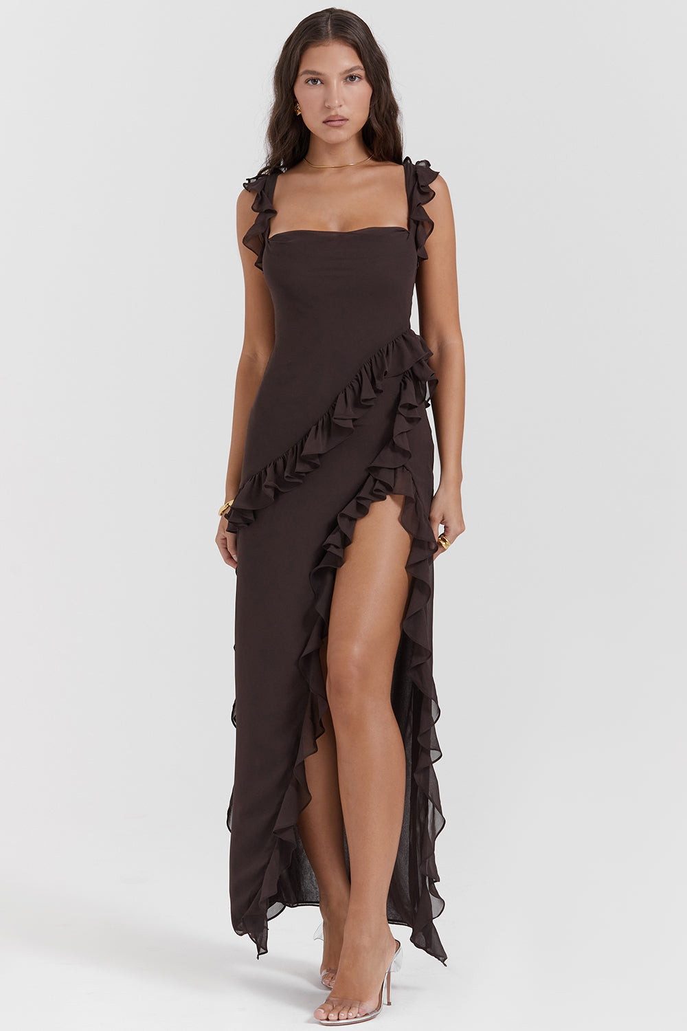 Square Neck Ruffle Strap High Split Asymmetrical Cascade Maxi Dress 37