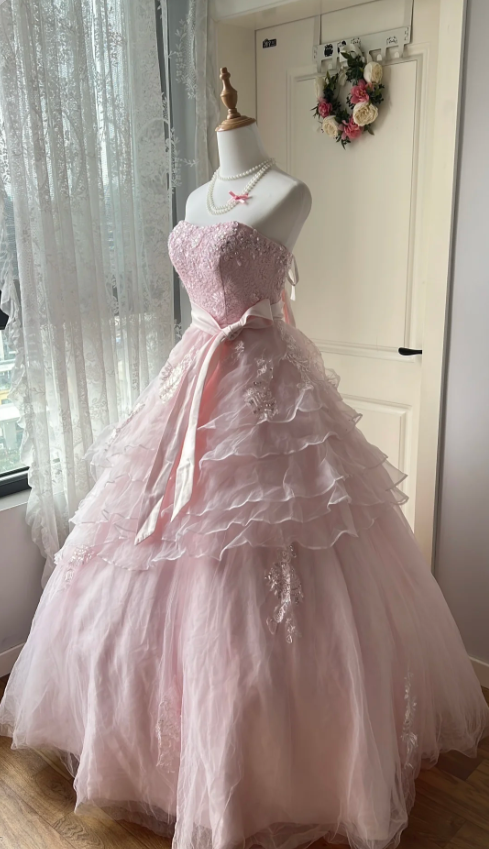 Princess Pink Strapless Tulle Ball Gown Evening Dress P4130