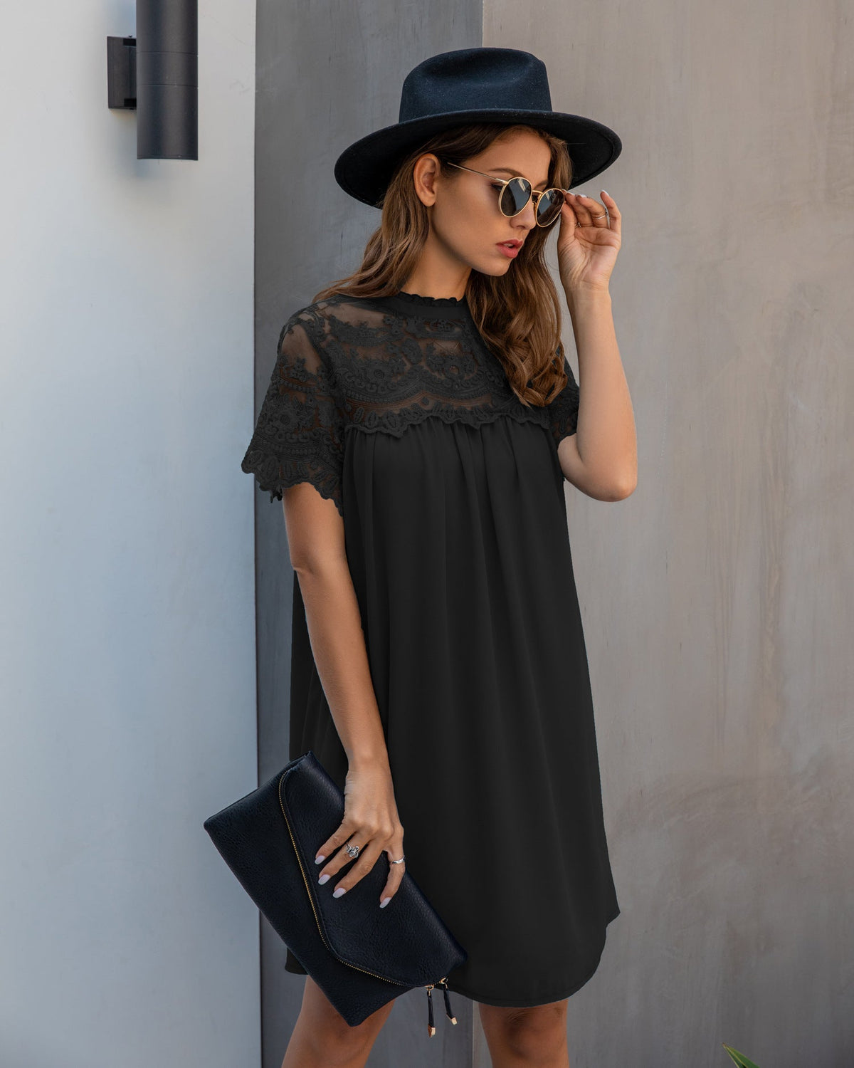 Lace Yoke High Neck Short Sleeve Shift Mini Dress