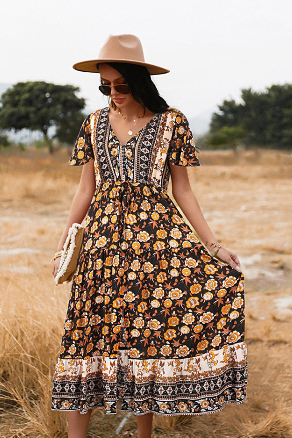 Slit Printed Big Swing Dress