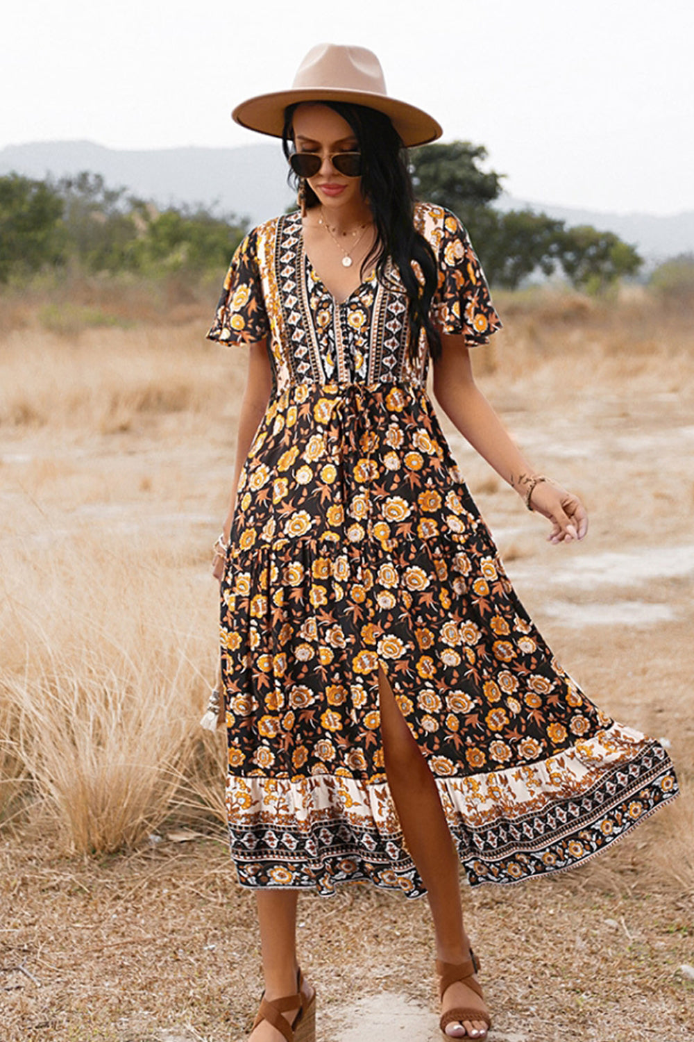 Slit Printed Big Swing Dress - Fashionpara