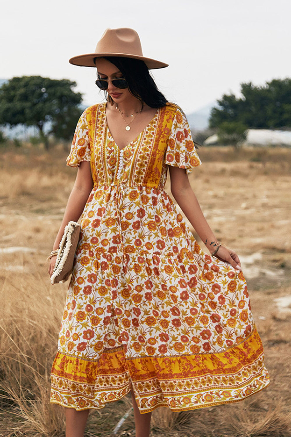 Slit Printed Big Swing Dress