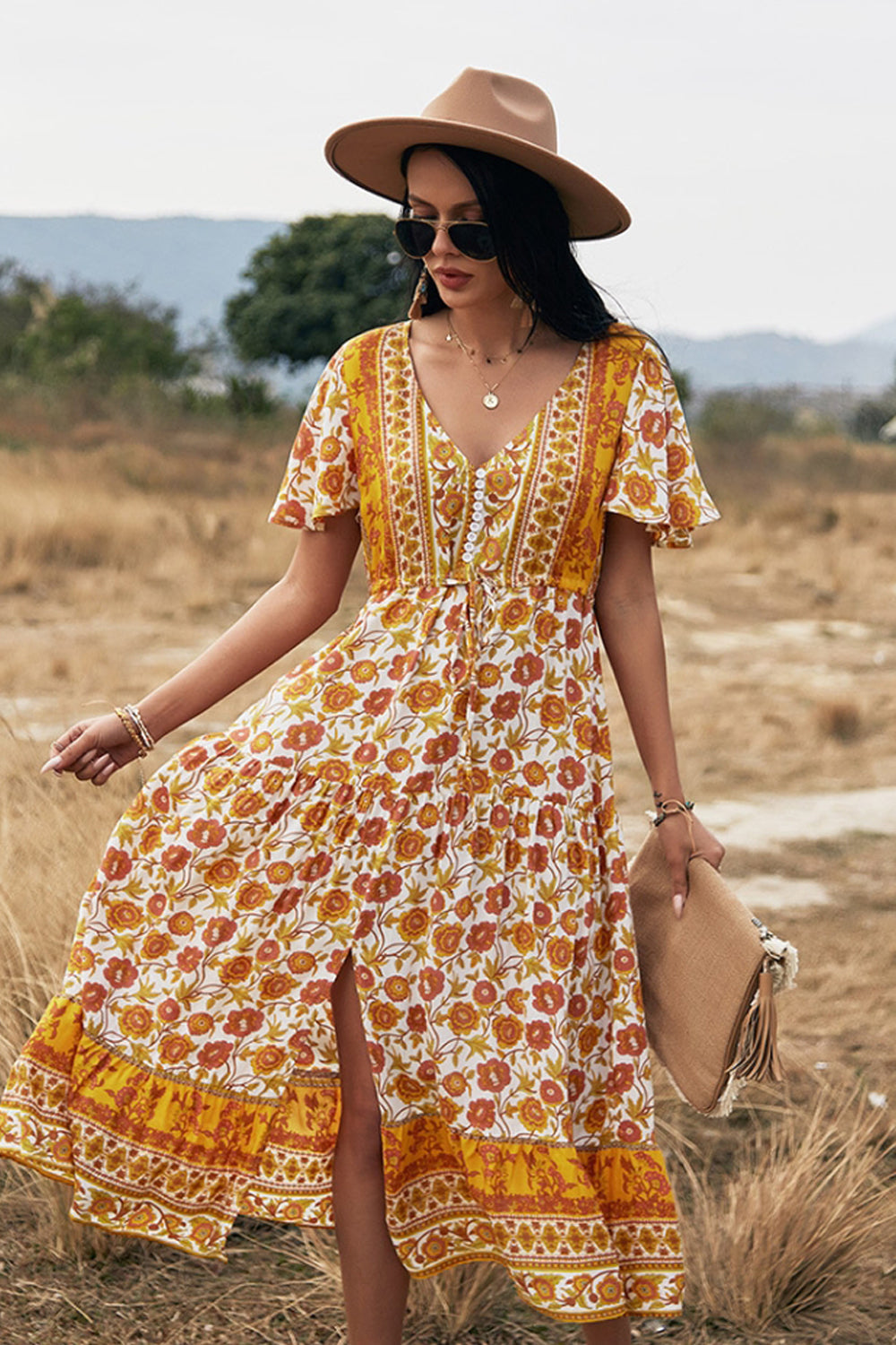 Slit Printed Big Swing Dress - Fashionpara