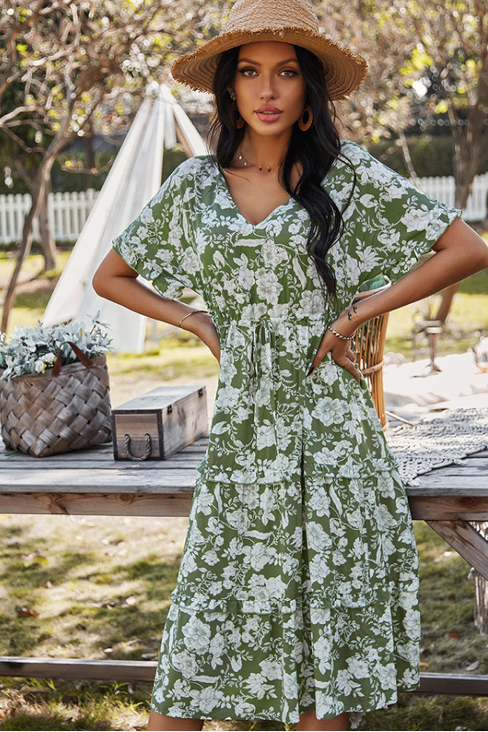 V-Neck Cotton Print Dress - Fashionpara