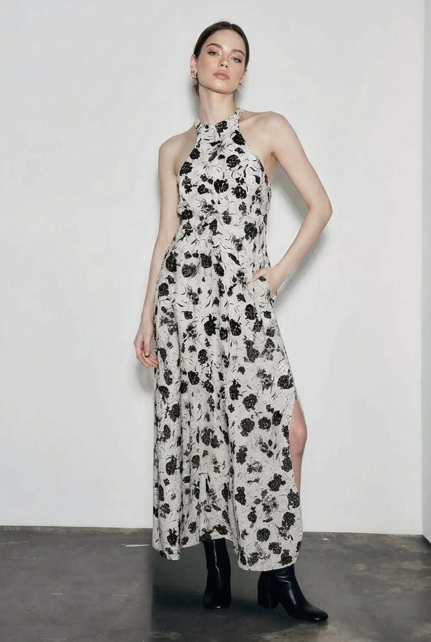 Floral Halter Neck High Split A-Line Maxi Dress