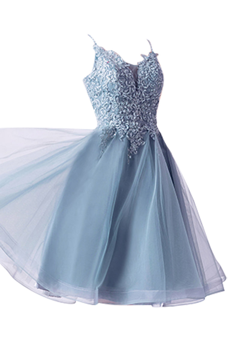 Spaghetti Straps Appliques Short Homecomin Dress - Fashionpara