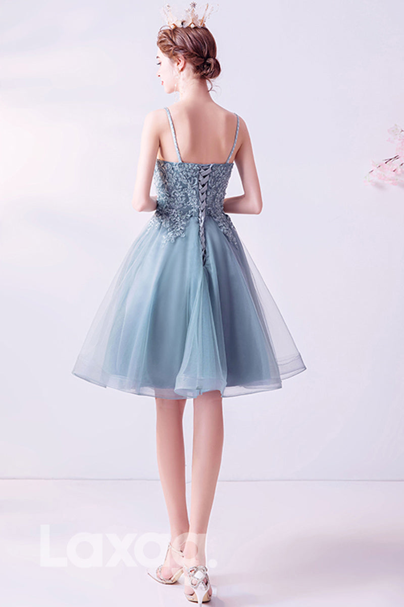 Spaghetti Straps Appliques Short Homecomin Dress - Fashionpara