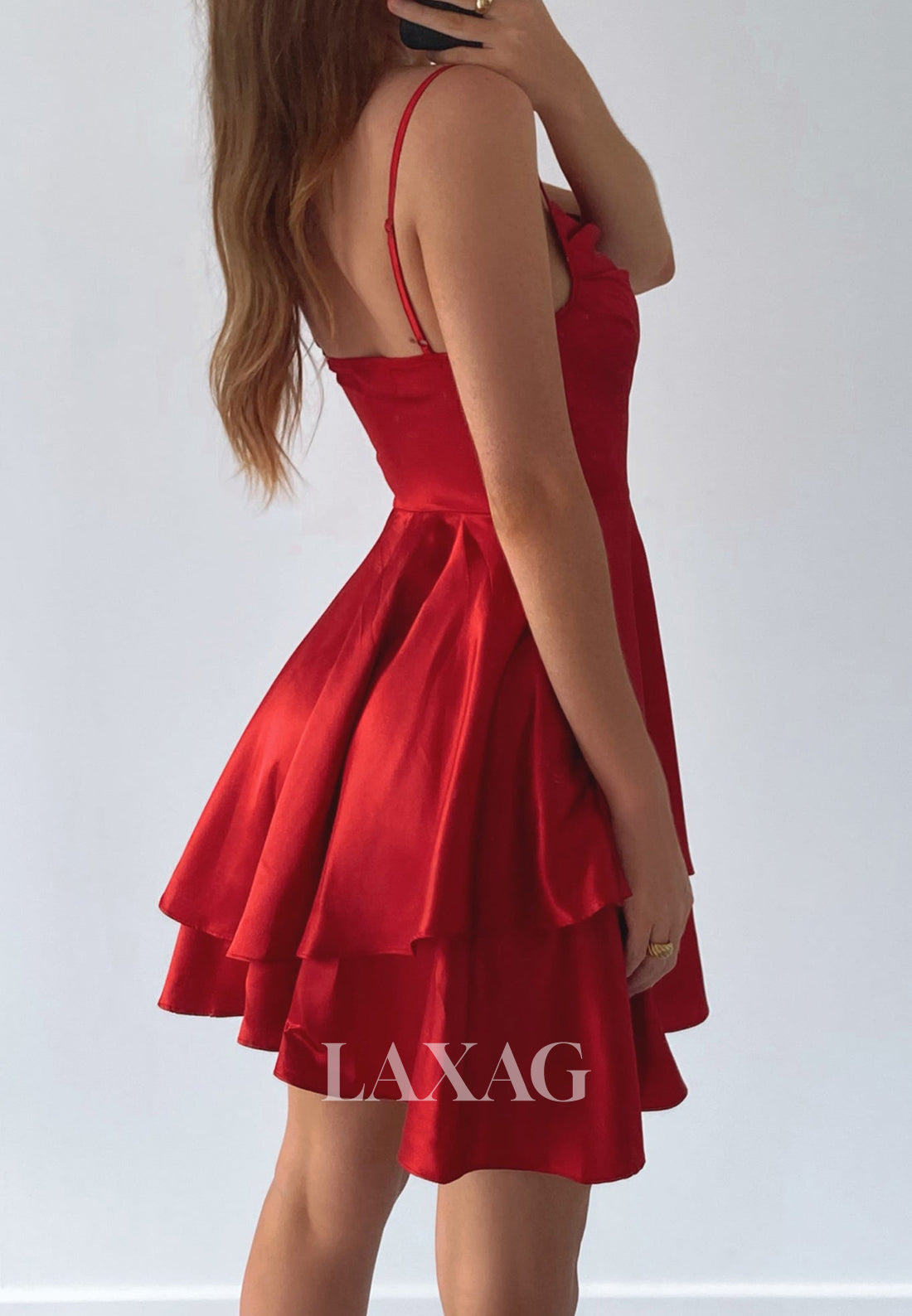 Spaghetti Straps Scoop-Neck Sleeveless Pleated Satin A-Line Party Homecoming Dress
