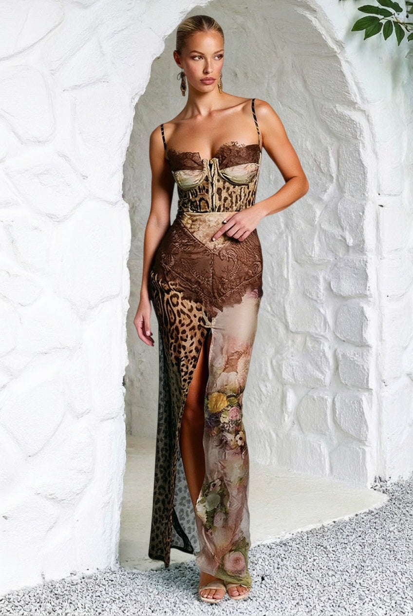 Leopard Lace Mesh Midi Dress in Coffee - View 4