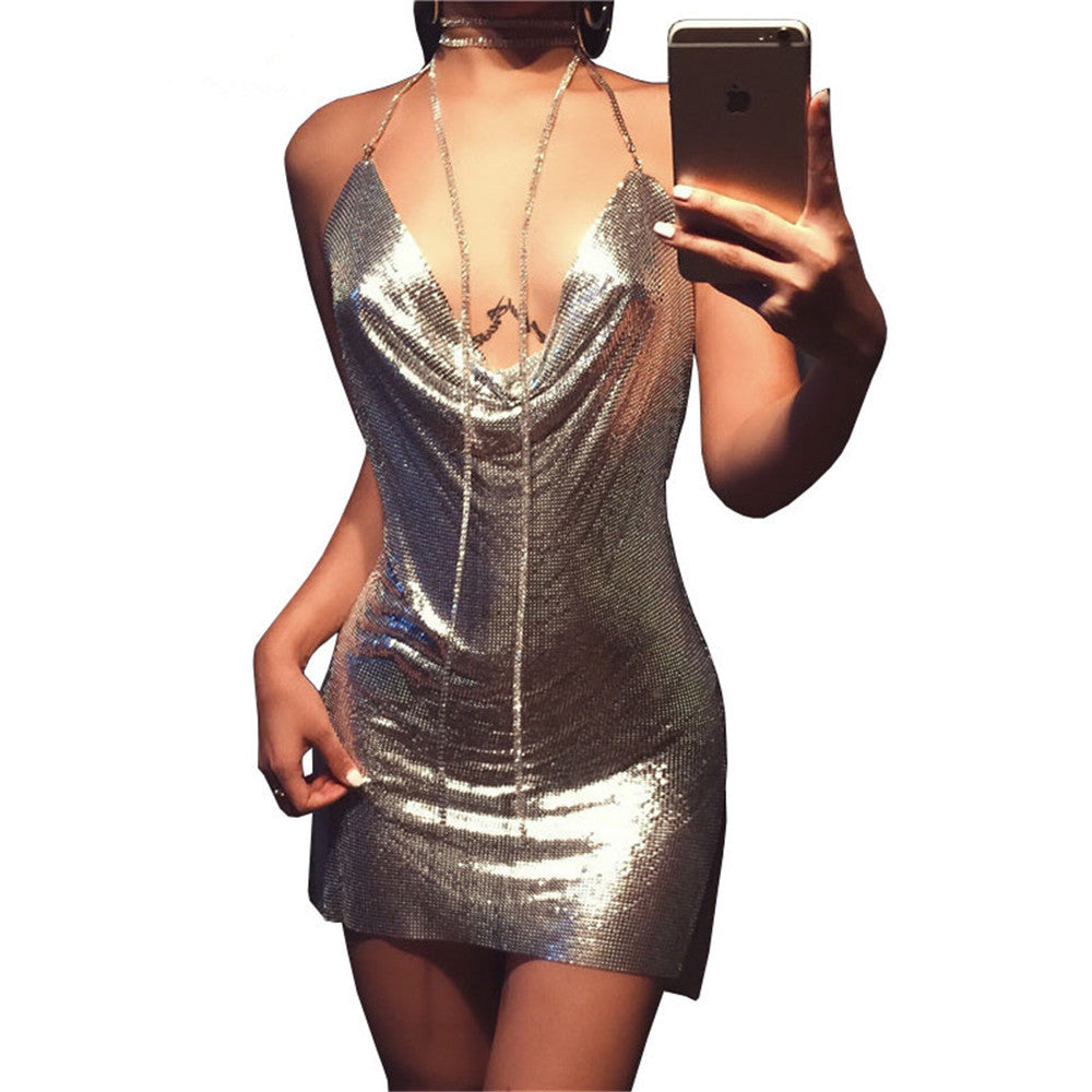 Rhinestone Cowl Neck Halter Backless Bodycon Mini Dress 3
