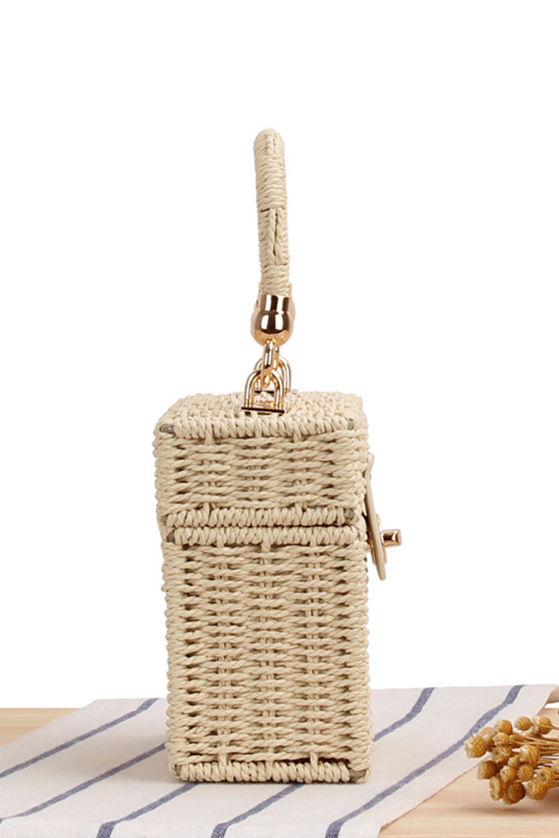 Box Shape Top-Handle Woven Straw Beach Handbag - Fashionpara