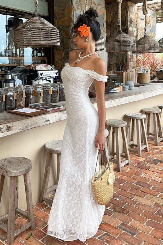 Floral Lace Off-Shoulder Short Sleeve Mermaid Maxi Dress 2