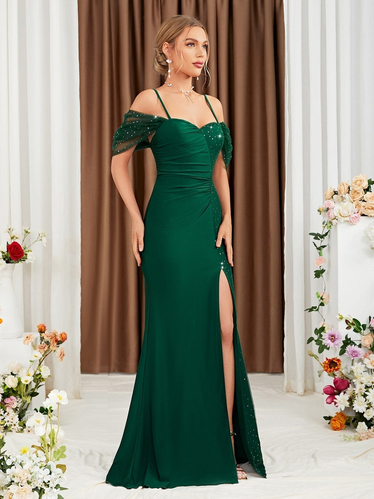 Cold Shoulder Sweetheart Ruched High Split Mermaid Gown