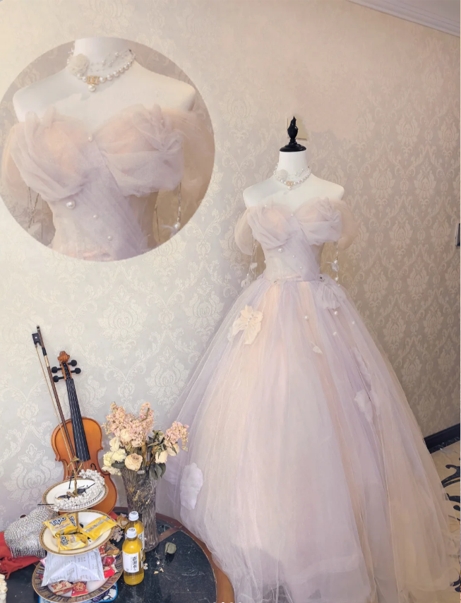 Dreamy Light Pink Off-shoulder Tulle Floor-Length Ball Gown Evening Dress P4132