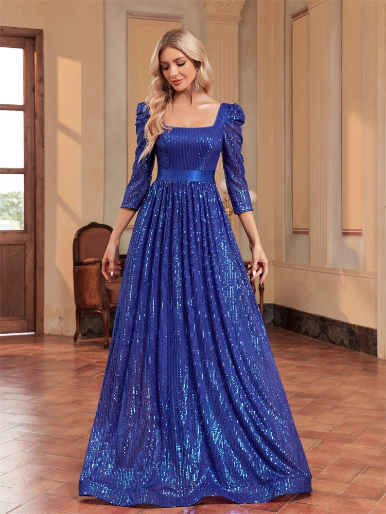 Sequin Blue Long Sleeved Evening Dress Slimming Elegant Cocktail Party Dress Bridesmaid - Fashionpara