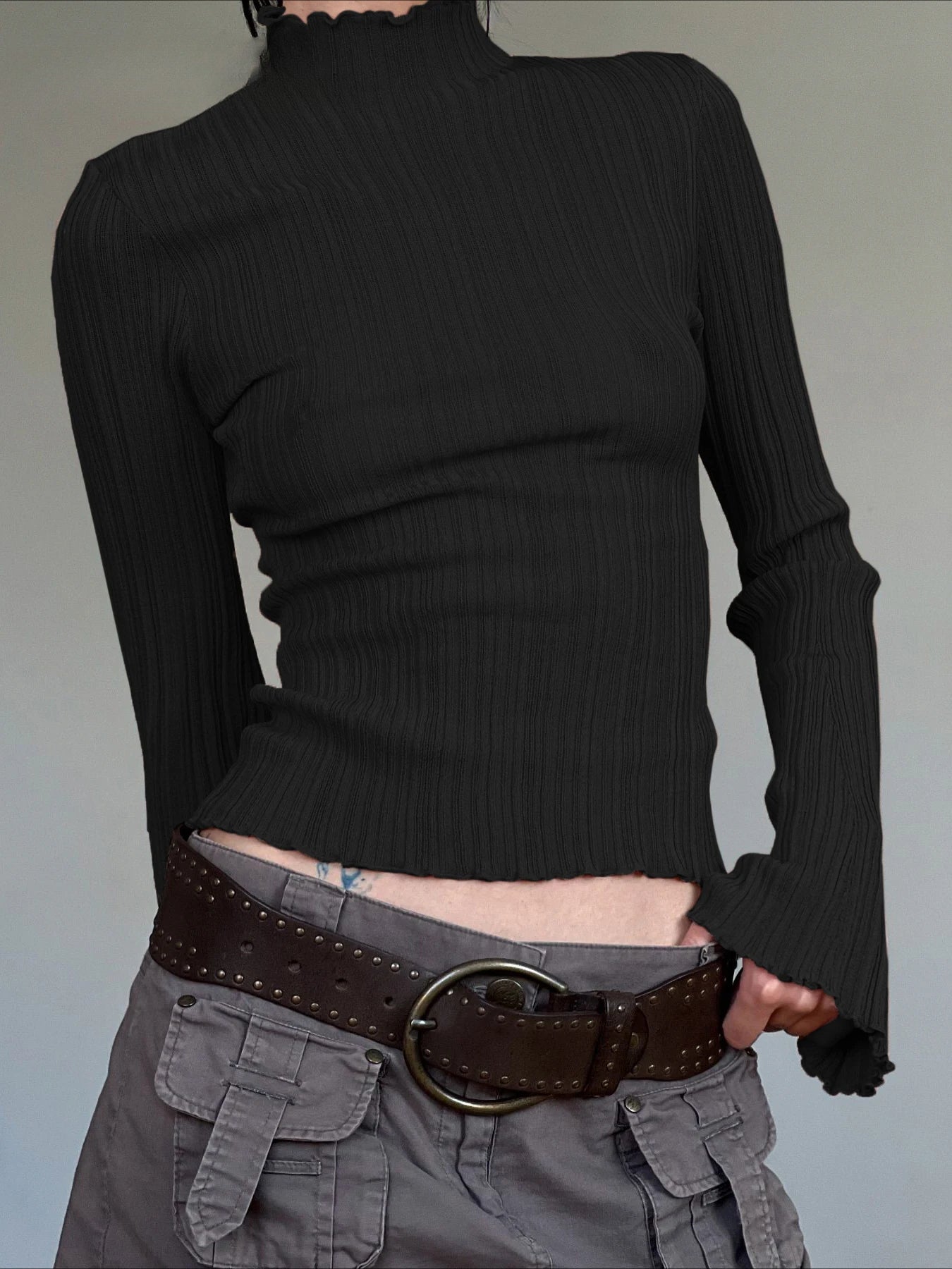 Solid Turtleneck Slim Flare Sleeve Long Sleeve Knit Top - Fashionpara