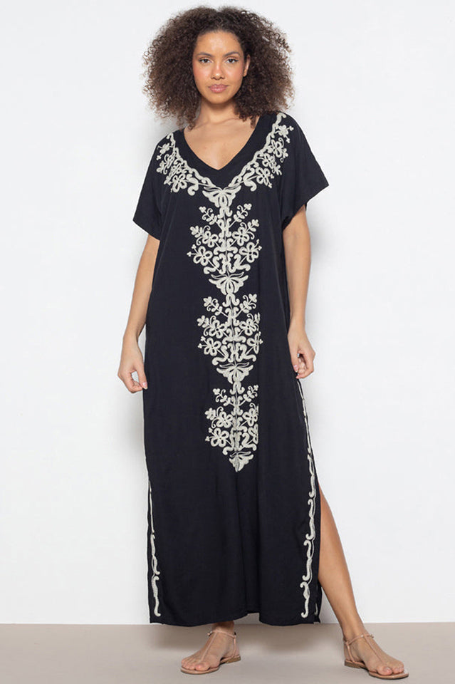 Embroidered V-Neck Short-Sleeve Kaftan Maxi Dress 6
