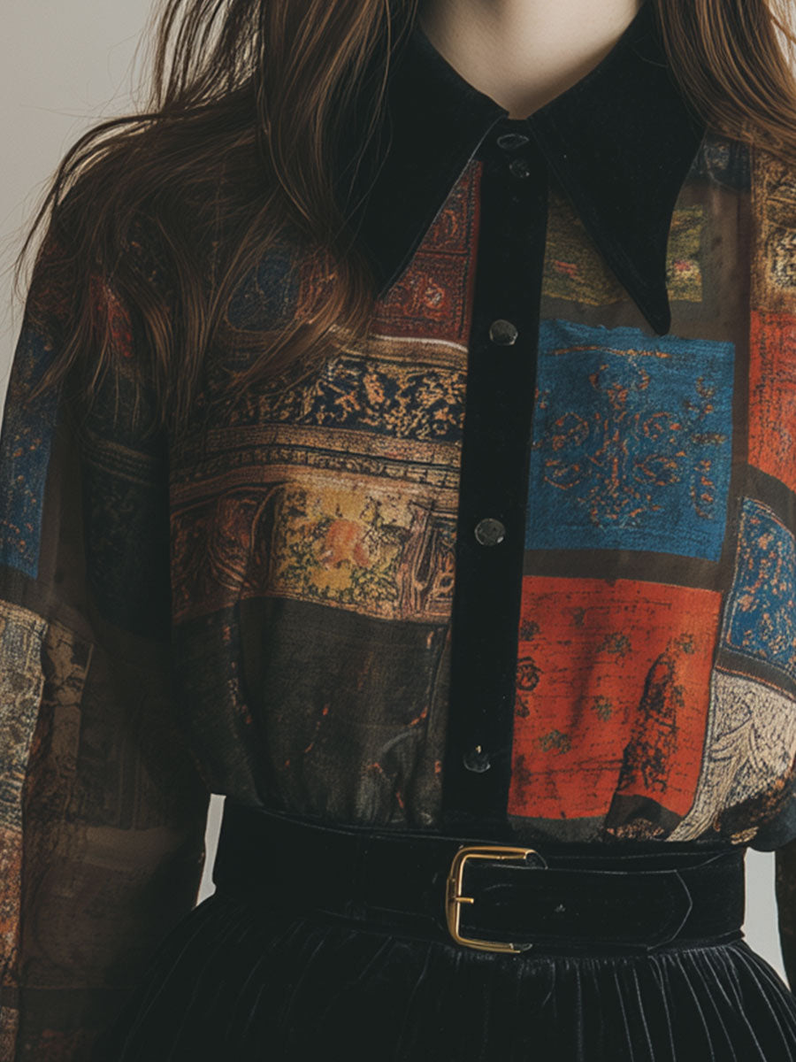 Retro Printed Velvet Patchwork Chiffon Balloon Sleeve Blouse - Fashionpara