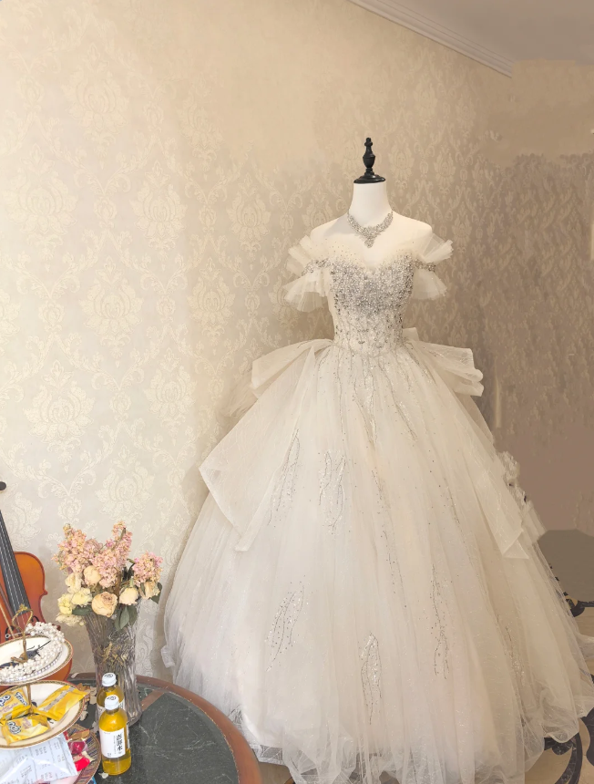 Princess White Off-the-shoulder Tulle Floor-Length Ball Gown Evening Dress P4133