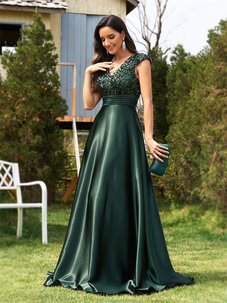 Sequin V-Neck Satin A-Line Maxi Formal Dress