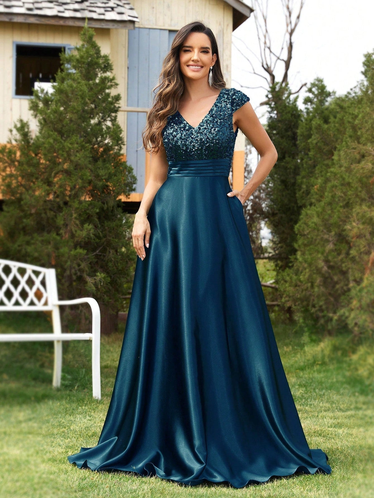 Sequin V-Neck Satin A-Line Maxi Formal Dress - View 3
