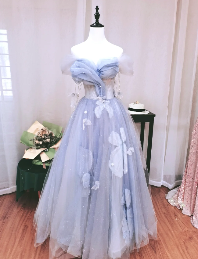 Dreamy Light Blue Butterfly Off-shoulder Tulle Floor Length Ball Gown Evening Dress P4134